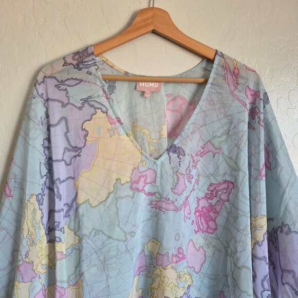 Show Me Your Mumu World Tour Peta Tunic Map Print Blue Size Medium Chiffon Sheer - Picture 3 of 9